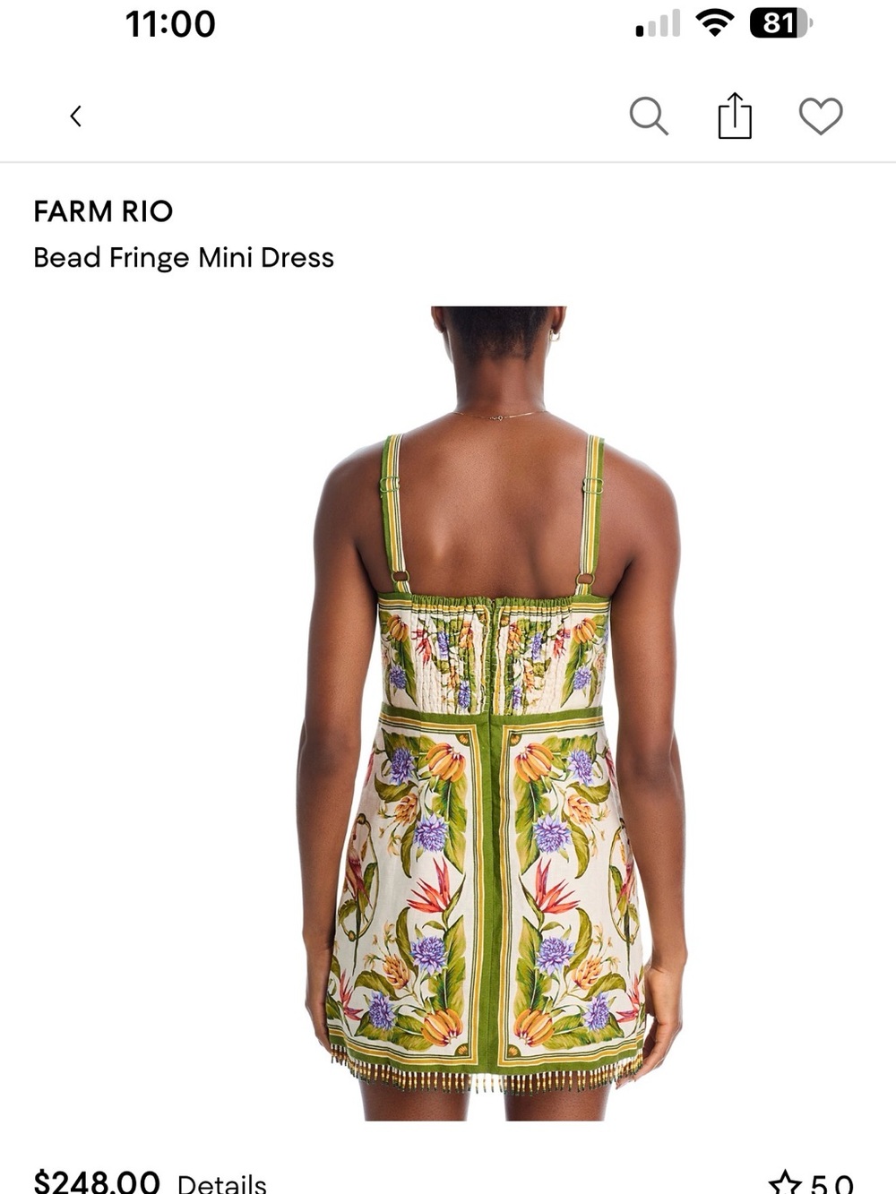 FARM Rio beaded fringe Mini Dress with Green Trim and Multicolor Bird Print - Picture 4 of 9